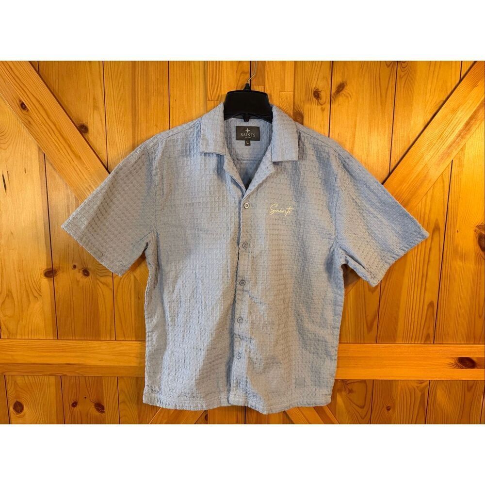SAINTS Studio Short Sleeve Button Up Waffle Weave Dusty Blue Size Large (6465)